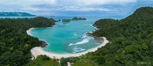 Pemandangan udara Pantai Wedi Ireng dengan laut biru jernih, teluk berpasir putih, dan hutan hijau yang mengelilinginya.