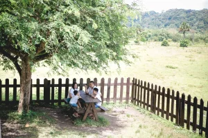 Wisatawan duduk di meja piknik di area rindang Taman Nasional Alas Purwo Banyuwangi.
